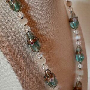 Vintage Green Wedding Cake Glass Lamp work Beads 27" Necklace Pink Foiled